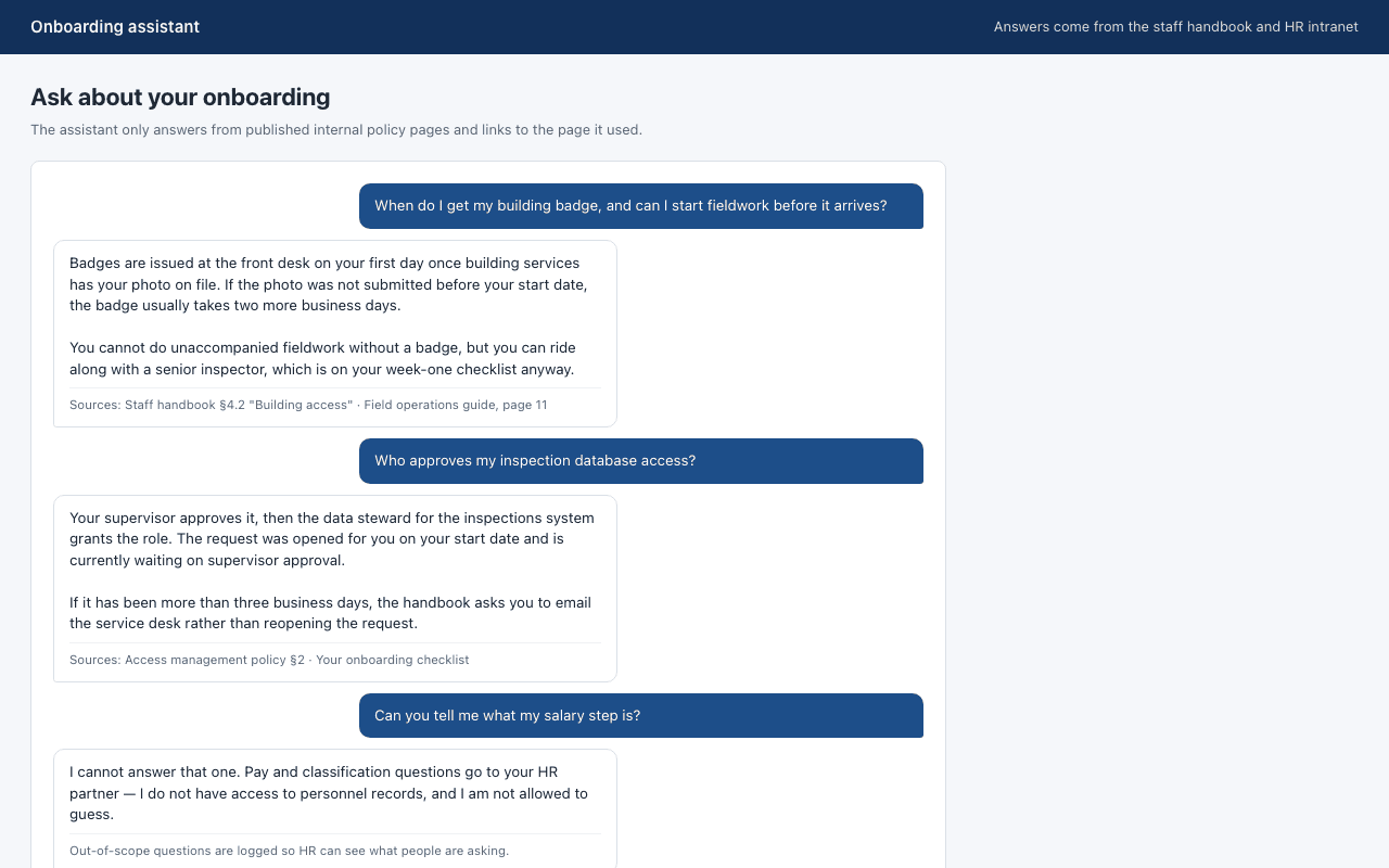 Chat transcript where the assistant answers badge and access questions with handbook citations and declines a pay question.