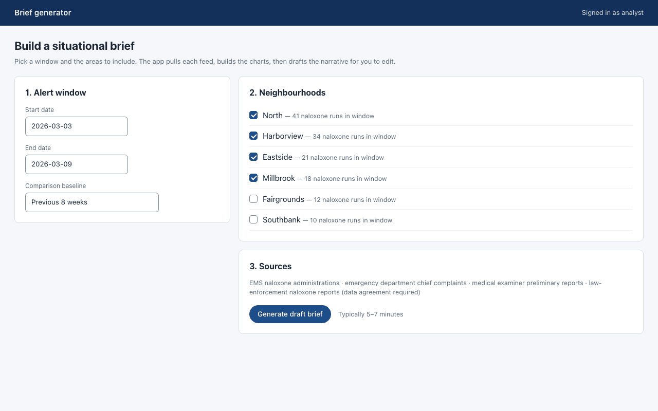 Brief generator form with an alert window, a neighbourhood checklist and a generate button.