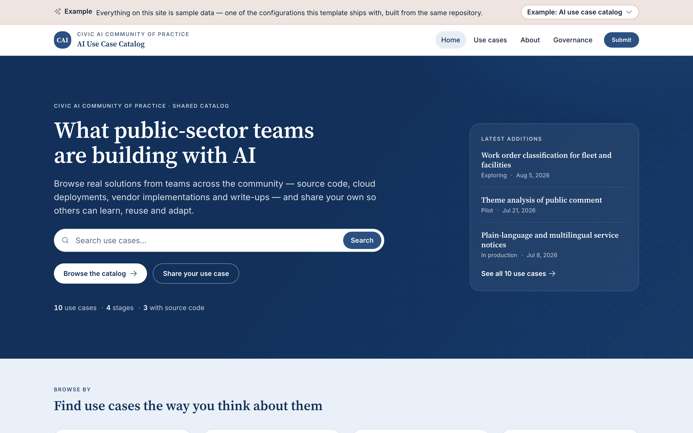 The AI use case catalog example: a deep navy hero headed "What public-sector teams are building with AI", with a search box, a count of ten use cases, and the three newest ones listed in a panel beside it.