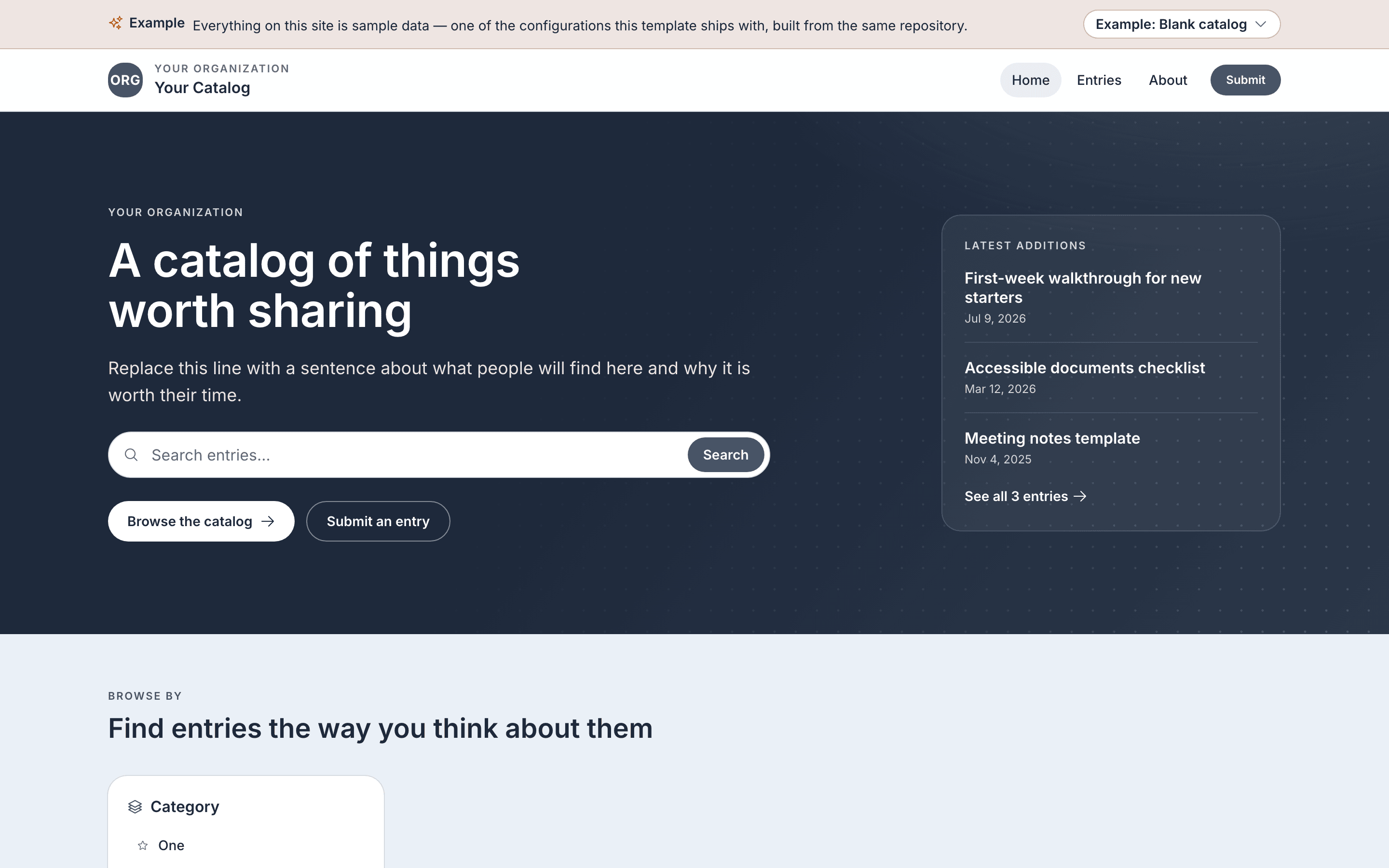 The blank catalog example: a slate hero headed "A catalog of things worth sharing", with a search box, the three newest entries beside it, and one category filter in the browse-by band below.