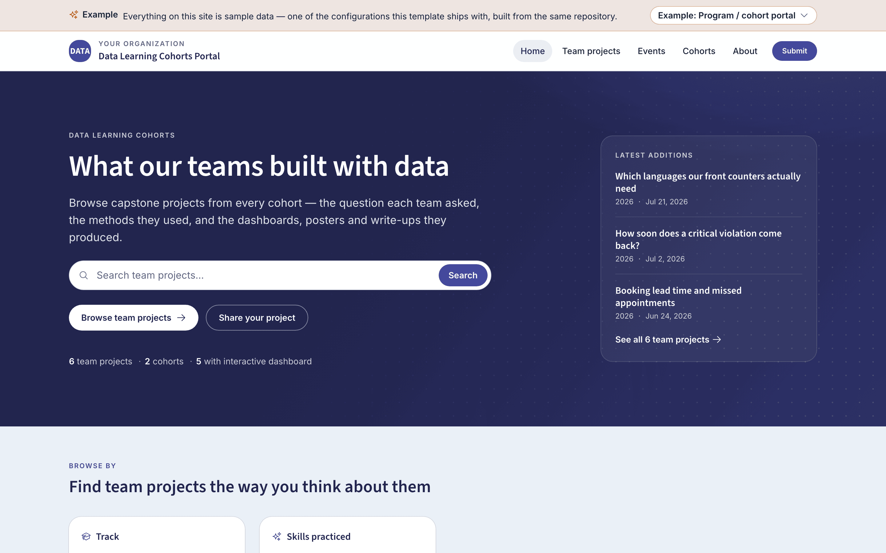 The cohort portal example: an indigo hero headed "What our teams built with data", with a search box for team projects, the three newest listed beside it, and tiles for browsing by track and skills practiced below.